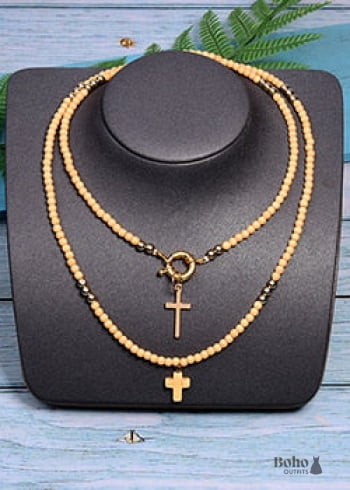 Boho Necklace, Seed Bead Layered Choker, Double Cross